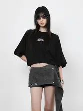 二色展開の字母プリント収縮カフスラウンドネックTシャツ【ゆったりデザイン】