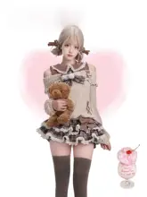 少女向けカジュアル小熊デザインニットトップス【薄コーヒー色・リボン付き】とカフェ色ケーキスカート（セットアップ対応）