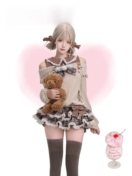 少女向けカジュアル小熊デザインニットトップス【薄コーヒー色・リボン付き】とカフェ色ケーキスカート（セットアップ対応）