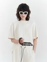 米色のダブルカラーラウンドネックショートスリーブTシャツ【デザイン性あり・女性用】