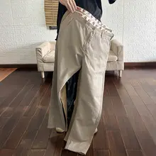 秋用 カーキ色 純綿ウォッシュド スリムフィット チノパンツ【カジュアル・シンプルデザイン】
