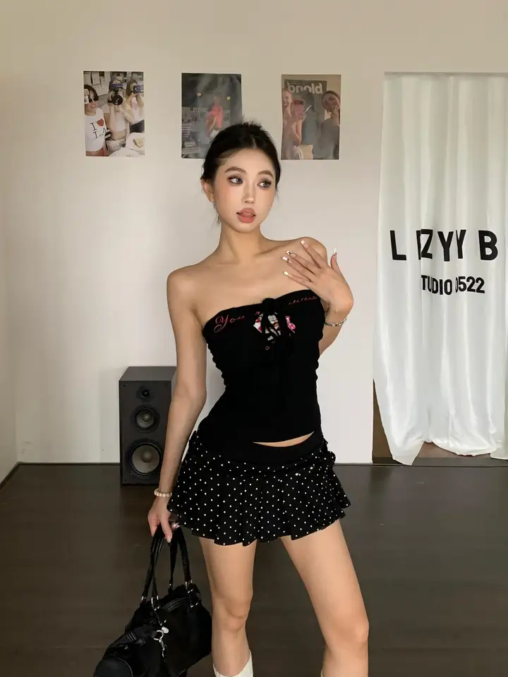 韓国風ドット柄ハイウエストAラインプリーツスカート【防透けデザイン・女性用】