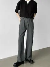春季用 メンズストレートデニムパンツ【グレー・ゆったりフィット・トレンドデザイン】