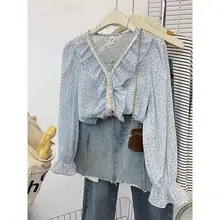 優しい印象のVネック花柄シフォン長袖ブラウス【女性用・薄手・軽やか】（セットアップ対応）