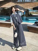 文芸的なデザインの夏用三点セット【格子柄・ジレ・半袖シャツ・ワイドパンツ】（セットアップ対応）