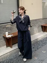 2点セット レディース ネイビー フレンチ風 ヴィンテージ ワイドパンツ おしゃれ きれいめ 上品 秋