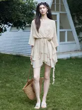 原野花柄シフォンワンピース【Vネック・ウエスト調整・不規則デザイン】（セットアップ対応）
