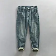 ヴィンテージ風デニムパンツ【破れ補修デザイン・ブルー・カジュアルストレートタイプ】