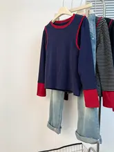 ツートンカラーのストライプコットン長袖Tシャツ【大きいサイズ・女性用・シンプルデザイン】（セットアップ対応）