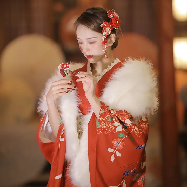 レトロ振袖着物【赤い蝶柄・改良デザイン・女性用・フォト撮影向け】