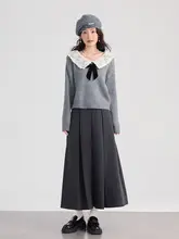 春用グレーのロングプリーツスカート【ハイウエスト・大きいサイズ・Aライン】
