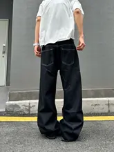 デニムパンツ ユニセックス アメカジ ヴィンテージ ブラック ワイドストレート ルーズ 着回し「DHSS」