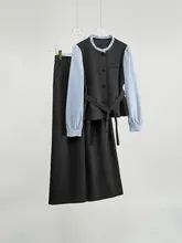 2点セット レディース フェイクレイヤード シャツブラウス スーツパンツ ウエストシェイプ 通勤 オフィスカジュアル きれいめ 「MIUCO」