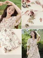 イーマン フラワープリント Vネック ロングワンピース【高腰・パフスリーブ・Aライン】