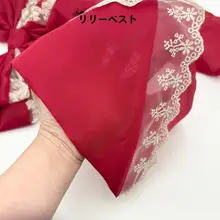 ワインレッド×ゴールド レースフリル付き大きなリボンのオーガンジー手作りロリータバッジ