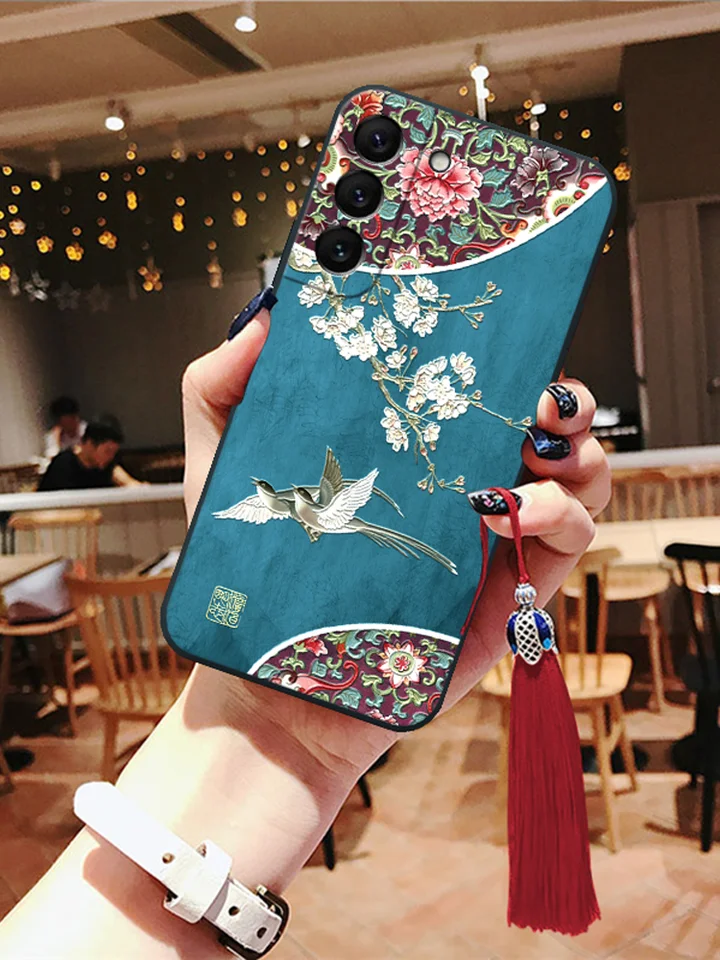 立体浮彫りデザイン サムスン Galaxy S25/S24/S23 対応スマホケース【古風花鳥・シリコン素材・衝撃吸収】