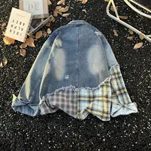 アメリカンレトロチェック柄デニムジャケット【メンズ・秋用・デザイン性のあるダメージ加工】