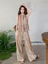 レトロボヘミアンスタイルのウェア【コントラスト柄・ノースリーブ・ワイドパンツ】（セットアップ対応）