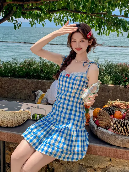 フラワープリントレース切替キャミソールミニドレス【爽やかなブルー・夏用・チェック柄】（セットアップ対応）