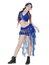 ラメ付きフリンジダンス衣装【ベリーダンス・網状ウエストバンド・インディアンダンス対応】（セットアップ対応）