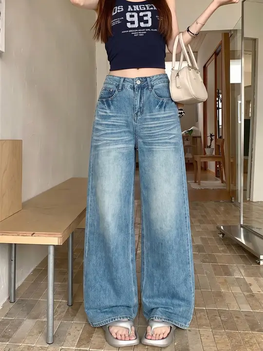 美しいビンテージ風のウォッシュブルージーンズ【女性用・夏用・極上の柔らかさ・ワイドレッグ・ロングパンツ】