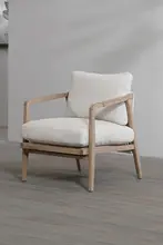 ヴィンテージスタイルの木製布張りアームチェア【白色・棉麻・羽毛内蔵・取り外し可能】