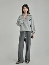 グレーのストレートカジュアルパンツ【ドローストリングデザイン・秋用】
