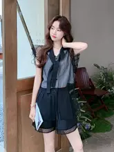 セットアップ 2点セット レディース トップス ショートパンツ 黒 チュール チェック柄 ツイード風 クール 韓流 夏