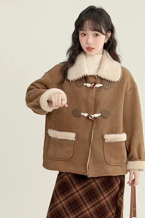 冬用レトロスタイルのスエード調ジャケット【厚手・保温性・翻領デザイン】