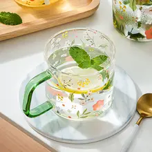 大容量のガラス製水杯【花柄・デザインカップ・刻み目付き】