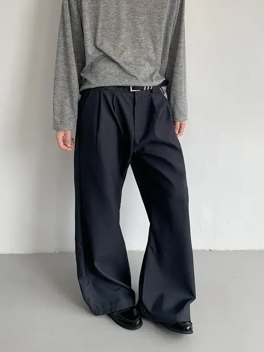 Aラインデザインのシワ加工メンズスラックス【高腰・ストレート・ドレープ】（セットアップ対応）