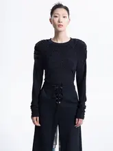 LEDIM WANG シルバー糸透かし編みニットトップス【秋用・フリルデザイン・ブラック・長袖】