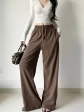 ドローストリング付きウエストゴムのワイドレッグパンツ【スポーツ・・オシャレ】（セットアップ対応）