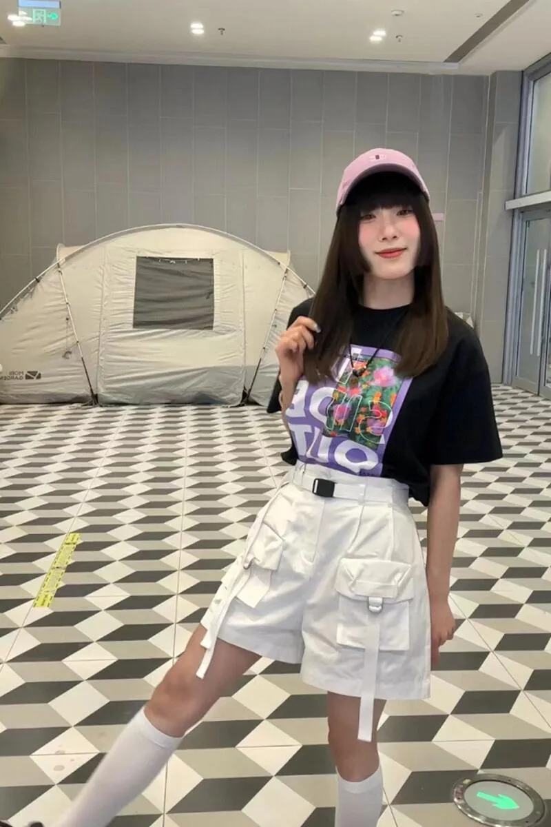 高腰工装ポケットショートパンツ【カジュアル・フレンチスタイル・女性用】（セットアップ対応）