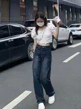 ヴィンテージスタイルのハイウエストワイドレッグデニムパンツ【梨型体型対応・小柄向け】