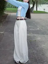 高身長向け 白色プリーツワイドレッグデニムパンツ【ハイウエスト・フィット・ストレート】（セットアップ対応）