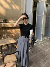 高腰グレーウエストスカート【Aライン・プリーツデザイン・春秋用】