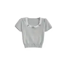 グレーのレーススクエアネックパフスリーブニット短袖Tシャツ【女性用・フィット感・ウエストシェイプ】