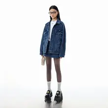 春秋用スタイリッシュデニムコーデュロイ短丈ジャケット【ブルー・女性用】