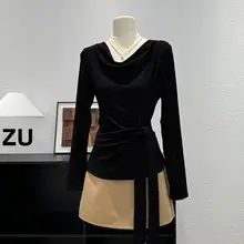 デザイン性のあるドレープネック長袖Tシャツ【女性用・秋先取り・ベーシックスタイル】