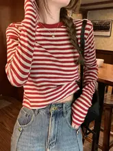 ヴィンテージスタイルのストライプTシャツ【女性用・ハイウエスト・ショート丈・長袖・スリムフィット】
