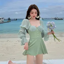 高級感のある長袖ワンピース水着【日焼け防止・体型カバー・平角デザイン・温泉用】