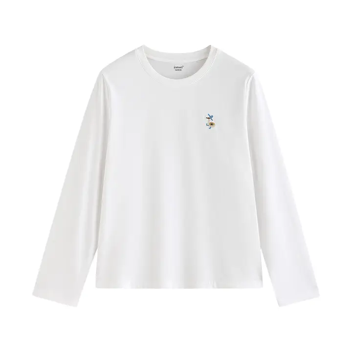 コットン製 シンプルデザインのゆったり長袖Tシャツ【刺繍デザイン・カジュアル・秋冬用】
