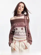 した着心地！露肩ニットカーディガン【秋用・フェアアイル風・配色デザイン】