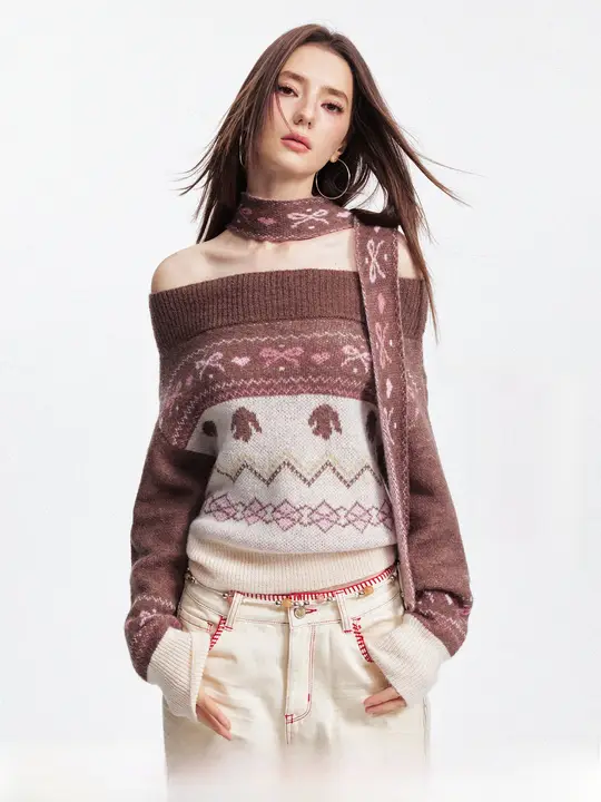 した着心地！露肩ニットカーディガン【秋用・フェアアイル風・配色デザイン】