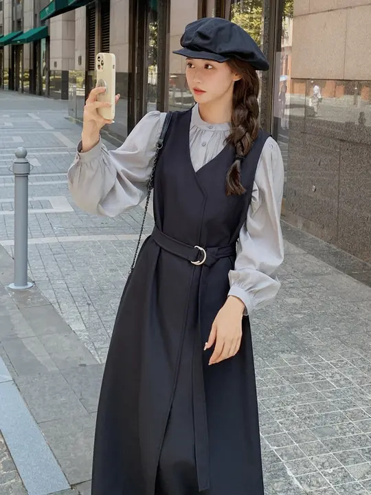 落ち感のある2点セットドレス【レトロなデザイン・春秋用・小柄向け・学院風】（セットアップ対応）