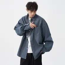 春秋用 メンズ ヴィンテージ風ウォッシュデニムストライプ長袖シャツ【フィット・カジュアル】