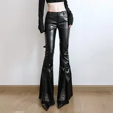 レトロなダークなレースとメタルボタンのレッグリング付きレザー微ラウンドパンツ【スタイリッシュでスリムなカジュアルパンツ】