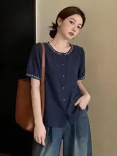 ゆったりとした民族風刺繍入り半袖シャツ【コットンリネン・ドレープ・ラウンドネック】