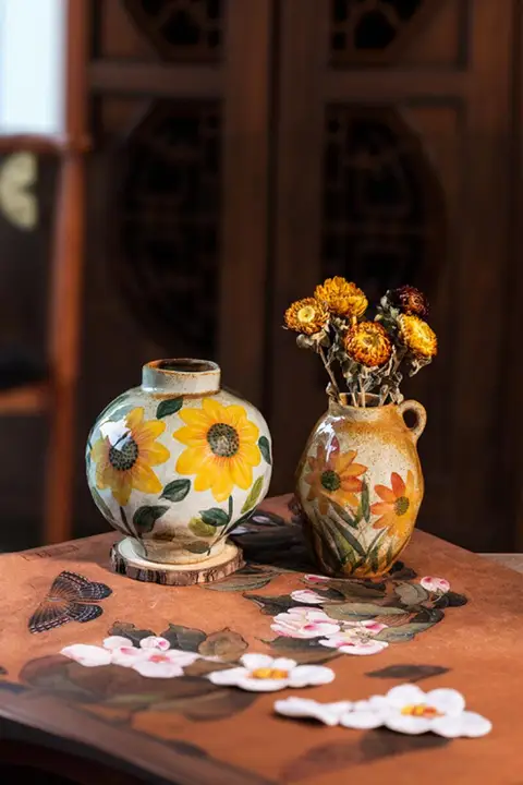 中華風ミニ手描き陶器花瓶【リビング用・水栽培対応】